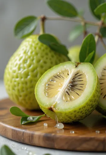 Fruct Feijoa întreg și secționat, coajă verde și miez suculent