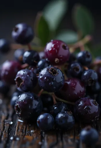 Fructe de soc (bobițe), violet închis, lucioase