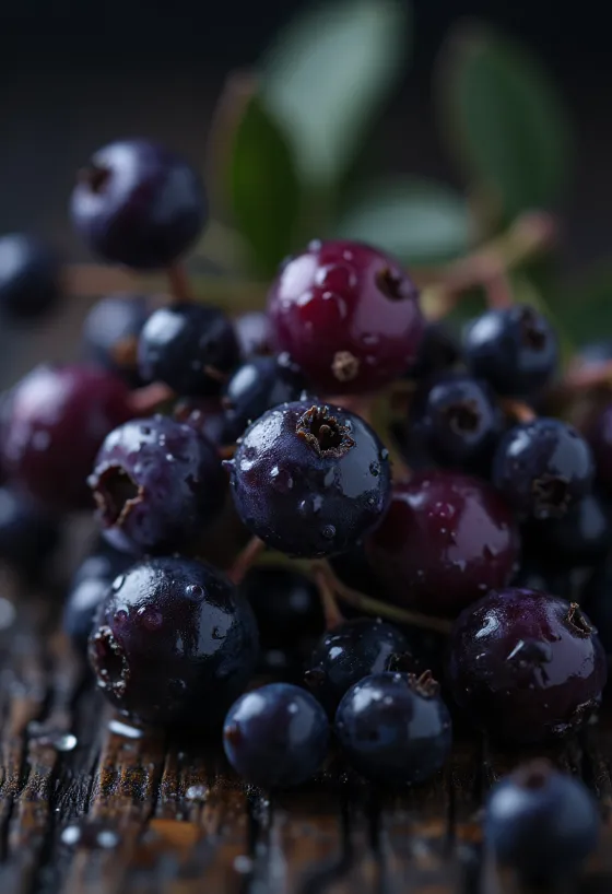 Fructe de soc (bobițe), violet închis, lucioase
