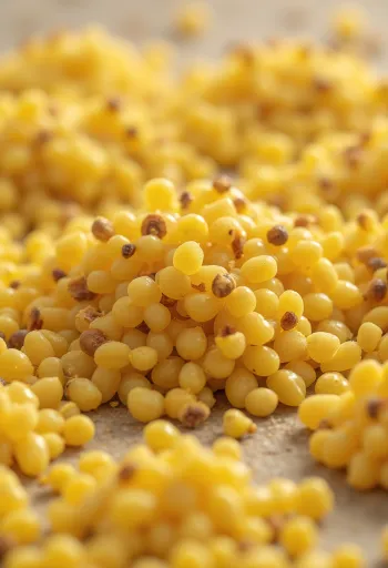 Boabe de muștar galbene și maro în mici boluri de lemn, fundal rustic