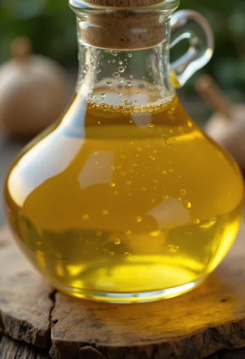 Ulei de muștar în sticlă mică, alături de boabe de muștar galbene și maro în bol