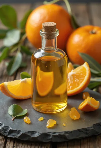 Ulei de portocale în sticlă mică, lângă felii proaspete de portocală și coajă