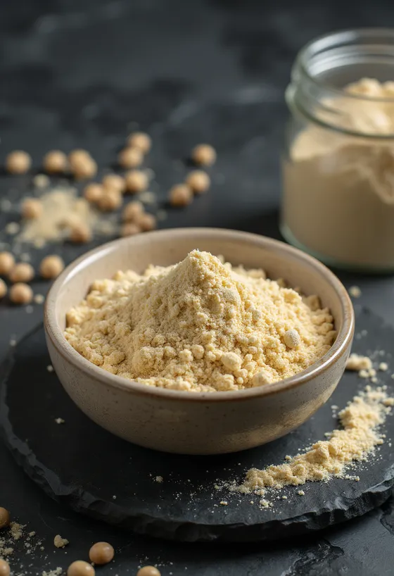 Pudră proteică de mazăre într-un bol, lângă boabe de mazăre galbenă
