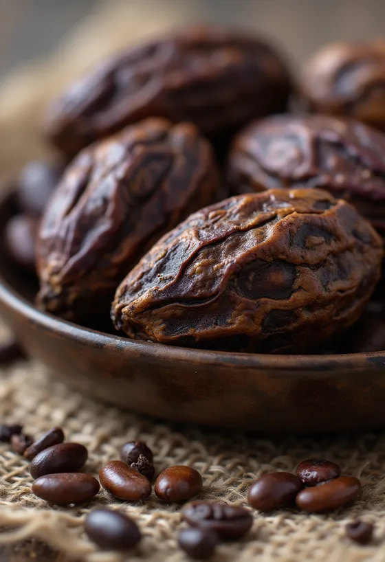 Boabe de cacao crude, nefermentate și semințe în formă naturală