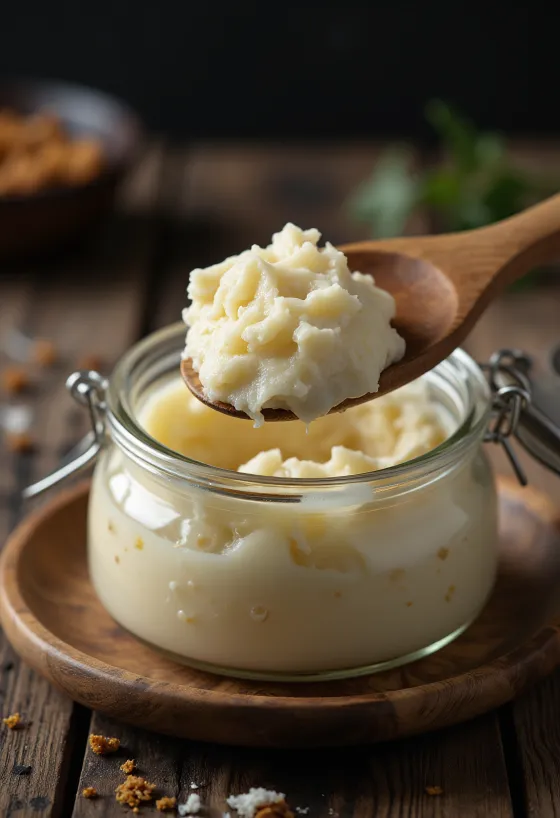 Grăsime de rață crudă într-un bol, alături de bucăți de grăsime brută