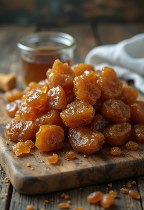 Bucăți de propolis brut pe o suprafață de lemn, în stare naturală