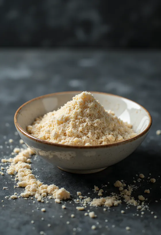 Pudră proteică de orez brun de culoare bej într-un bol, lângă boabe de orez