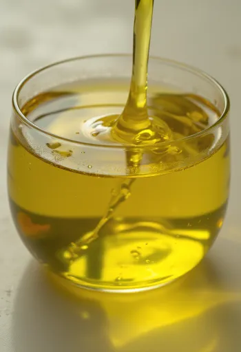 Ulei de măsline extravirgin în sticluță și bol mic pe o suprafață luminoasă