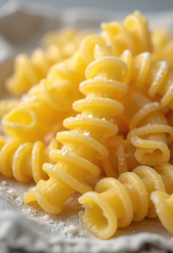 Paste fusilli uscate risipite în formă de spirală pe suprafață de lemn