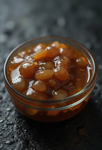 Sos de stridii în bol ceramic, alături de carne de stridii fiartă, sos de soia și zahăr în boluri mici