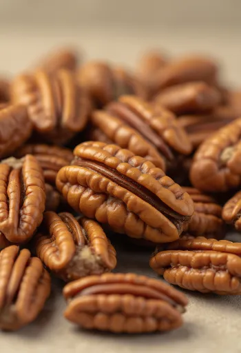 Miez de nuci pecan decojite în bol de lemn și împrăștiate pe o suprafață luminoasă