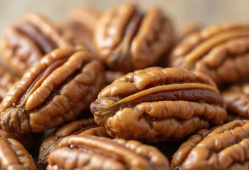 Miez de nuci pecan decojite în bol de lemn și împrăștiate pe o suprafață luminoasă