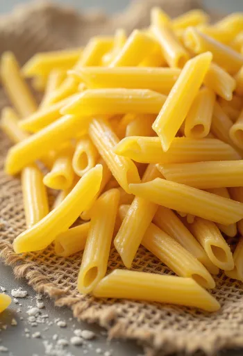 Paste penne uscate cu suprafață striată pe fundal de lemn