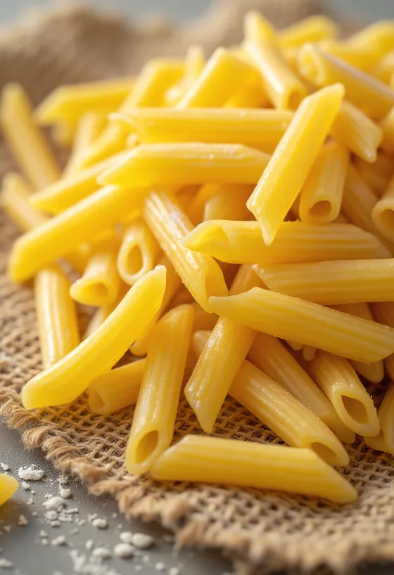 Paste penne uscate cu suprafață striată pe fundal de lemn