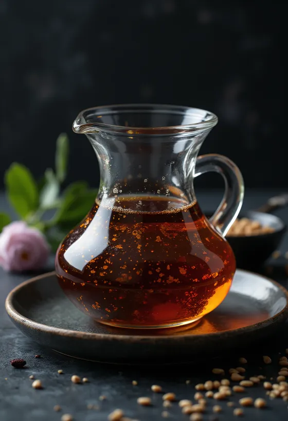 Ulei de susan prăjit în sticlă închisă la culoare, alături de un bol mic cu semințe