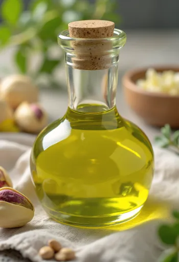Ulei de fistic în sticluță, alături de fistic decorticat într-un bol