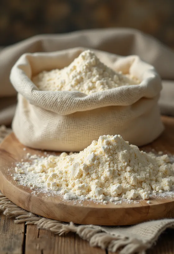 Făină de plantain în bol, alături de o lingură și felii uscate de banane verzi