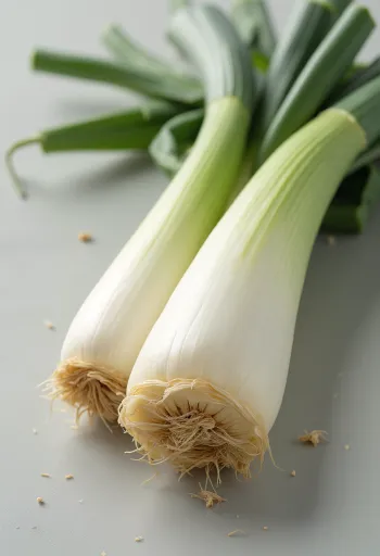 Praz proaspăt feliat și întreg pe masă de lemn