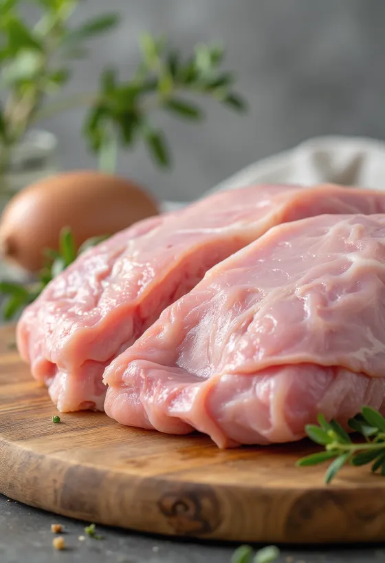 Bucăți proaspete de carne de curcan cu condimente și usturoi pe un tocător de lemn