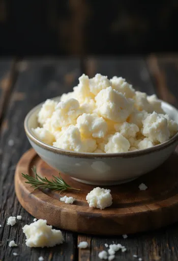 Ricotta proaspătă din zer în bol ceramic, pe masă de lemn