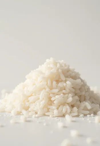 Griș de orez crud cu granulație deschisă în bol ceramic pe suprafață de lemn