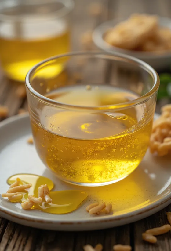 Ulei din tărâțe de orez în sticlă, alături de boabe de orez și tărâțe