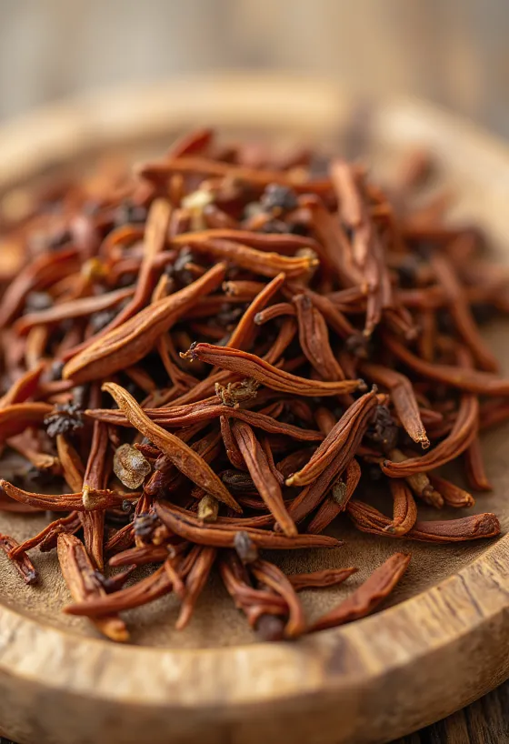 Ceai Rooibos vrac, ace roșiatice în bol și pe masă