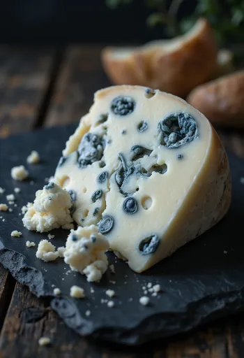 Brânză Roquefort proaspătă în bol de ceramică, pe masă de lemn