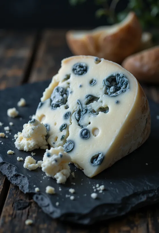 Brânză Roquefort proaspătă în bol de ceramică, pe masă de lemn