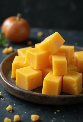 Brânză Cheddar galbenă în bol ceramic pe masă rustică