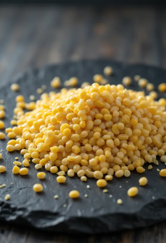 Boabe de muștar galben în bol și pe masă