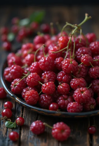 Fructe proaspete de Schisandra roșii, unele tăiate, în stare crudă