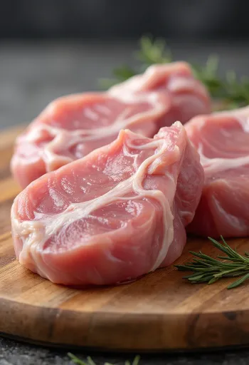 Bucăți de carne proaspătă de porc pe tocător cu condimente