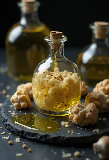 Ulei de trufe în sticlă mică, alături de felii de trufe și servit în bol