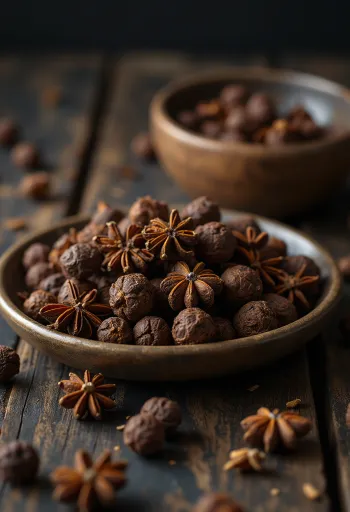 boabe de ienibahar întregi în bol de lemn și pe suprafață rustică