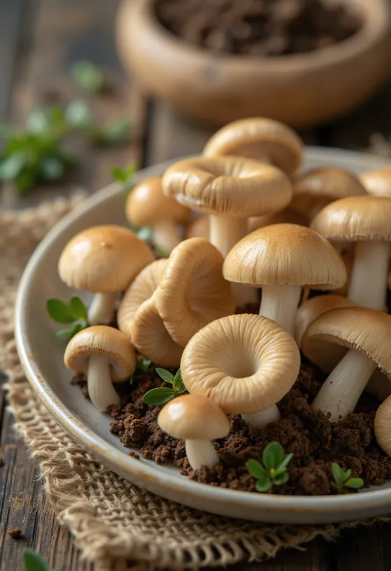 Bureți de rouă feliați cu condimente proaspete și usturoi pe tocător de lemn