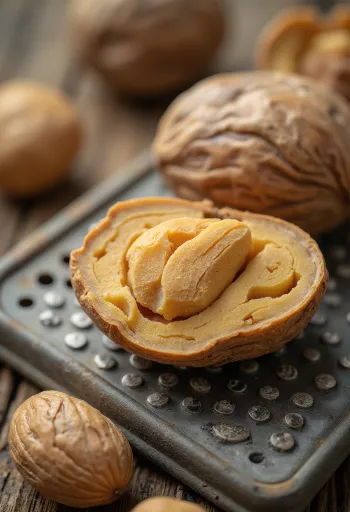 Nucșoară întreagă și măcinată în bol pe suprafață de lemn