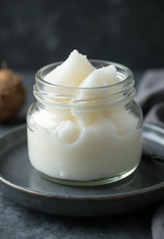 Ulei de cocos virgin în bol, cu bucăți de cocos proaspăt