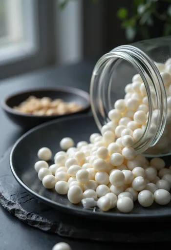 Perle de tapioca în bol ceramic, risipite pe suprafață de lemn