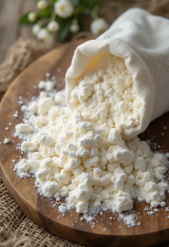 Făină fină de tapioca în bol și lingură, pe suprafață luminoasă