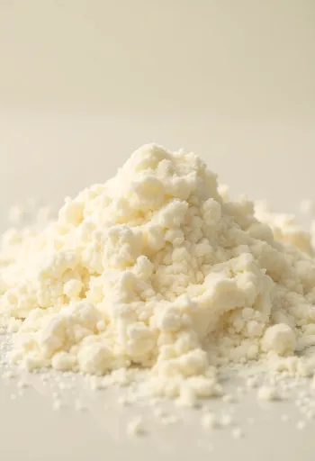 Lapte praf în bol rustic cu lingură de lemn și pudră împrăștiată pe suprafață de lemn