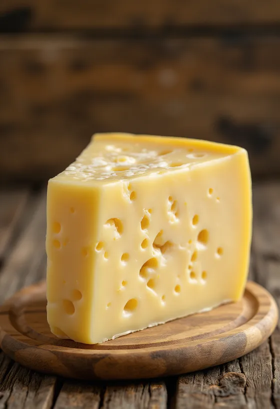 Brânză Trappist proaspătă în bol de ceramică, pe masă de lemn