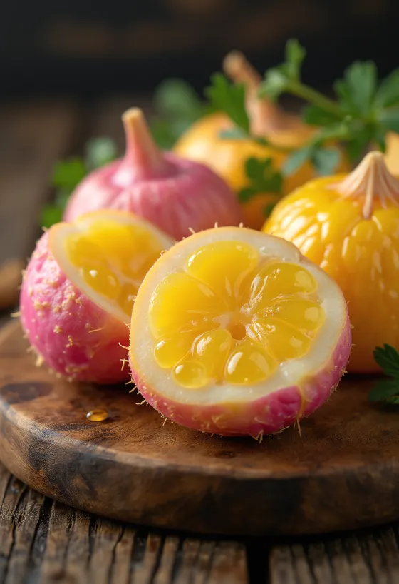 Tuberculi Ullucus uscați, colorați în nuanțe de roz și violet
