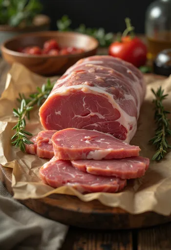 Felii de cotlet de mistreț crud pe tocător cu condimente