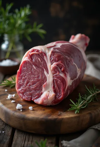 Pulpă de mistreț crudă cu condimente pe tocător de lemn