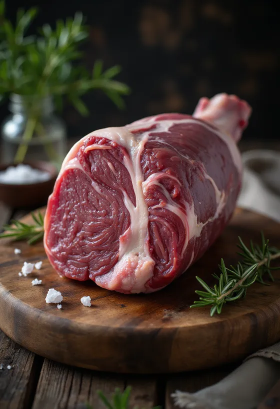 Pulpă de mistreț crudă cu condimente pe tocător de lemn