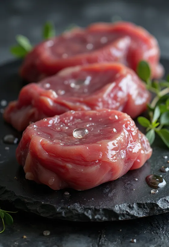 Carne crudă de rață sălbatică, filetată, cu condimente pe fund de lemn