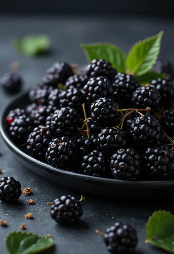 Mure sălbatice proaspete, fructe negre întregi și tăiate, pe fundal neutru