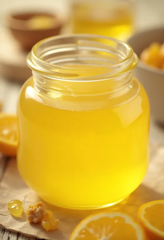 Unt clarifiat (Ghee) în borcan și dozat cu lingura pe scândură de lemn, lumină naturală
