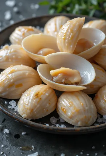 Carne crudă de scoici Vongole pe gheață cu lămâie și pătrunjel